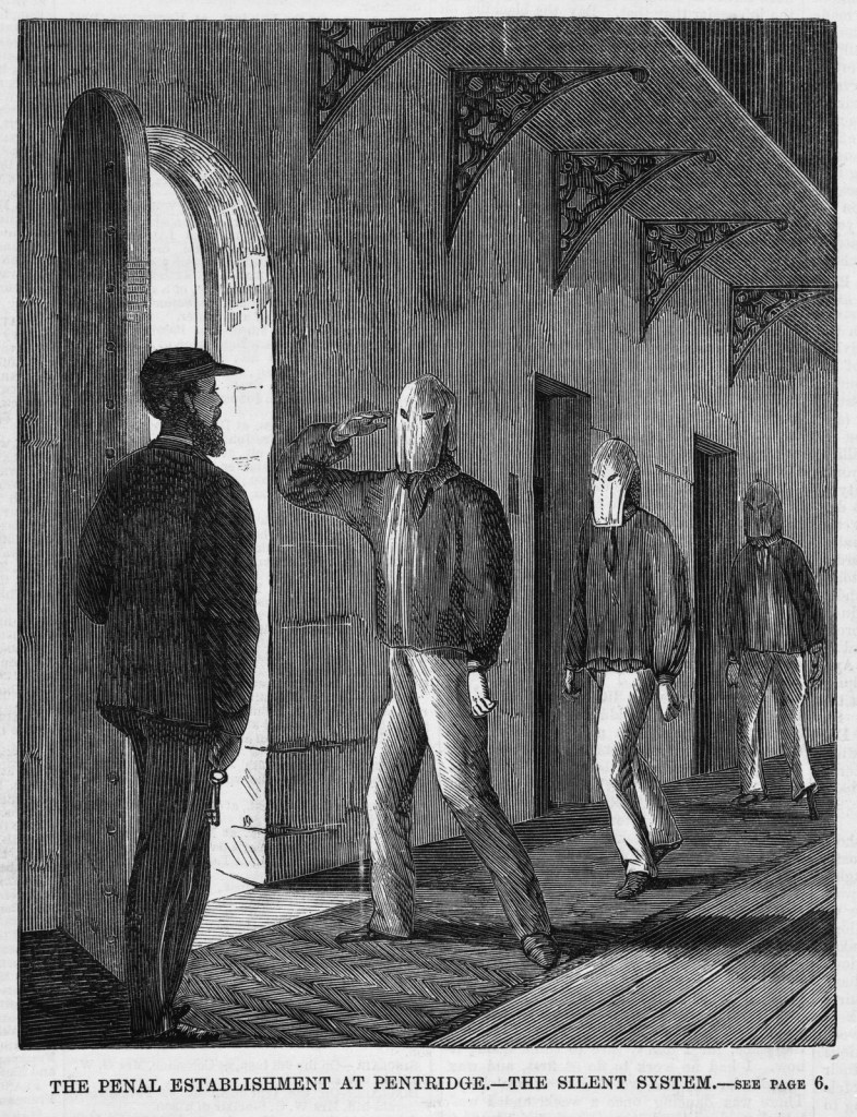 black and white sketch of 3 prisoners returning to their cells wearing white masks over their faces. A prison warder stands at the front supervising.