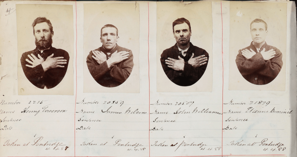 photographs of 4 prisoners with their hands crossed over their chests. Names and details are hand written underneath.