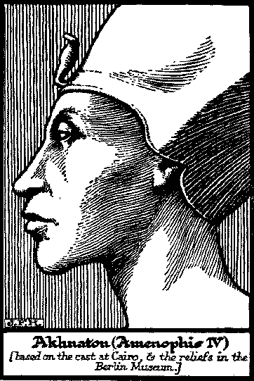 etching of a Pharaoh from side view with name Akhnaton underneath