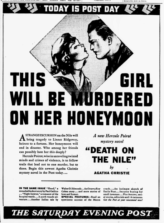 newspaper advertisement for Death on the Nile- bold headline 'This girl will be murdered on her honeymoon'