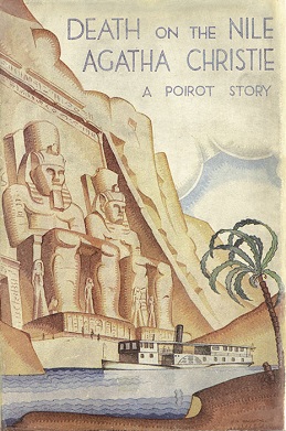 cover of Agatha Christie novel Death on the Nile. Features boat sailing in front of Abu Simbel.