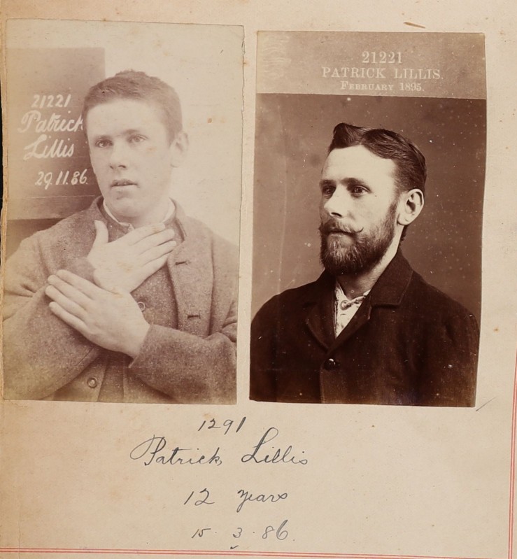 image of Patrick Lillis as teenager, and then 9 years later as a young man with a moustache and facial hair. The details 'Patrick Lillis, 12 years, 13.3.86' are handwritten under the photographs.