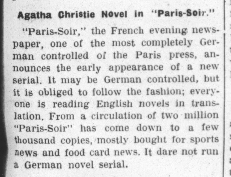 newspaper article saying Agatha's newest book will be serialised by Paris-Soir despite German control of France.