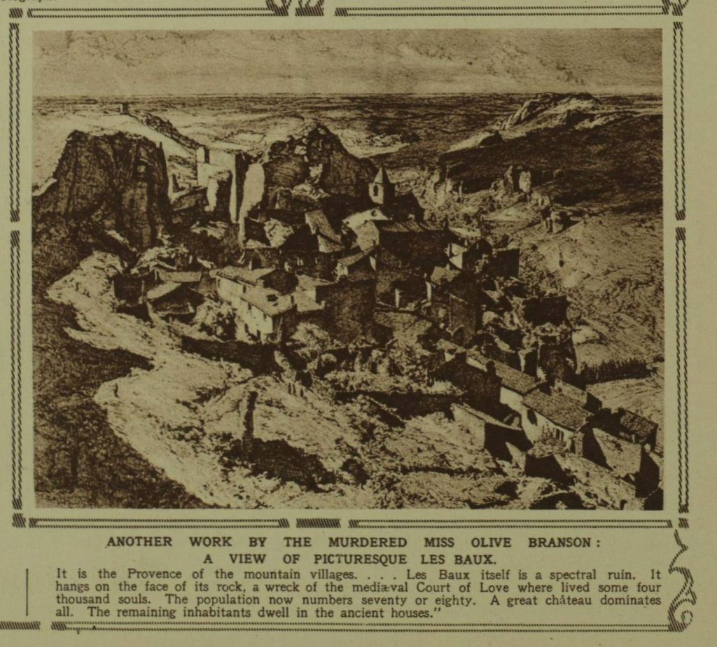 sketch of Les Baux by Olive Branson, with the caption 'another work by the murdered Miss Olive Branson.'
