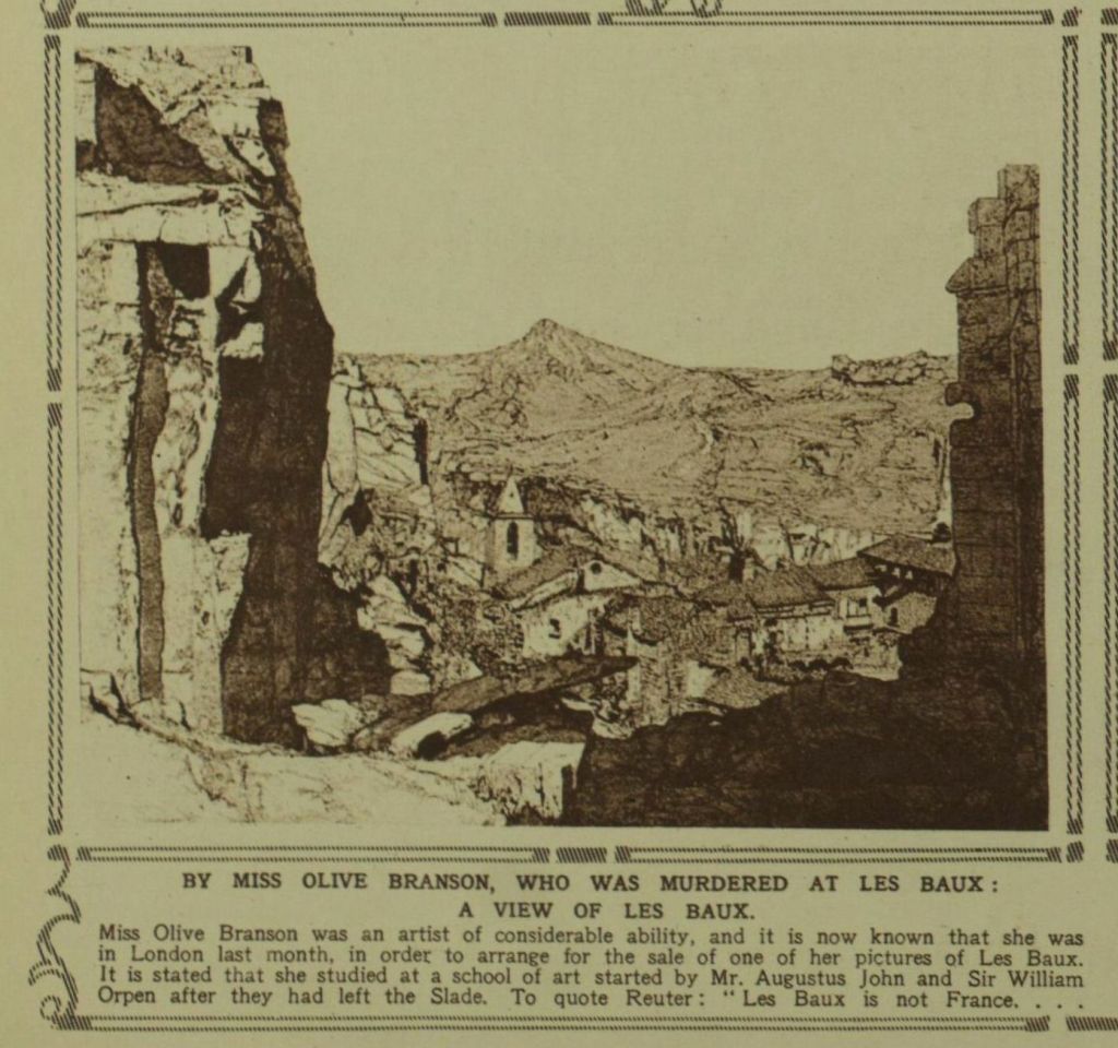 sketch of Les Baux by Olive Branson with caption 'By Miss Olive Branson, who was murdered at Les Baux'.