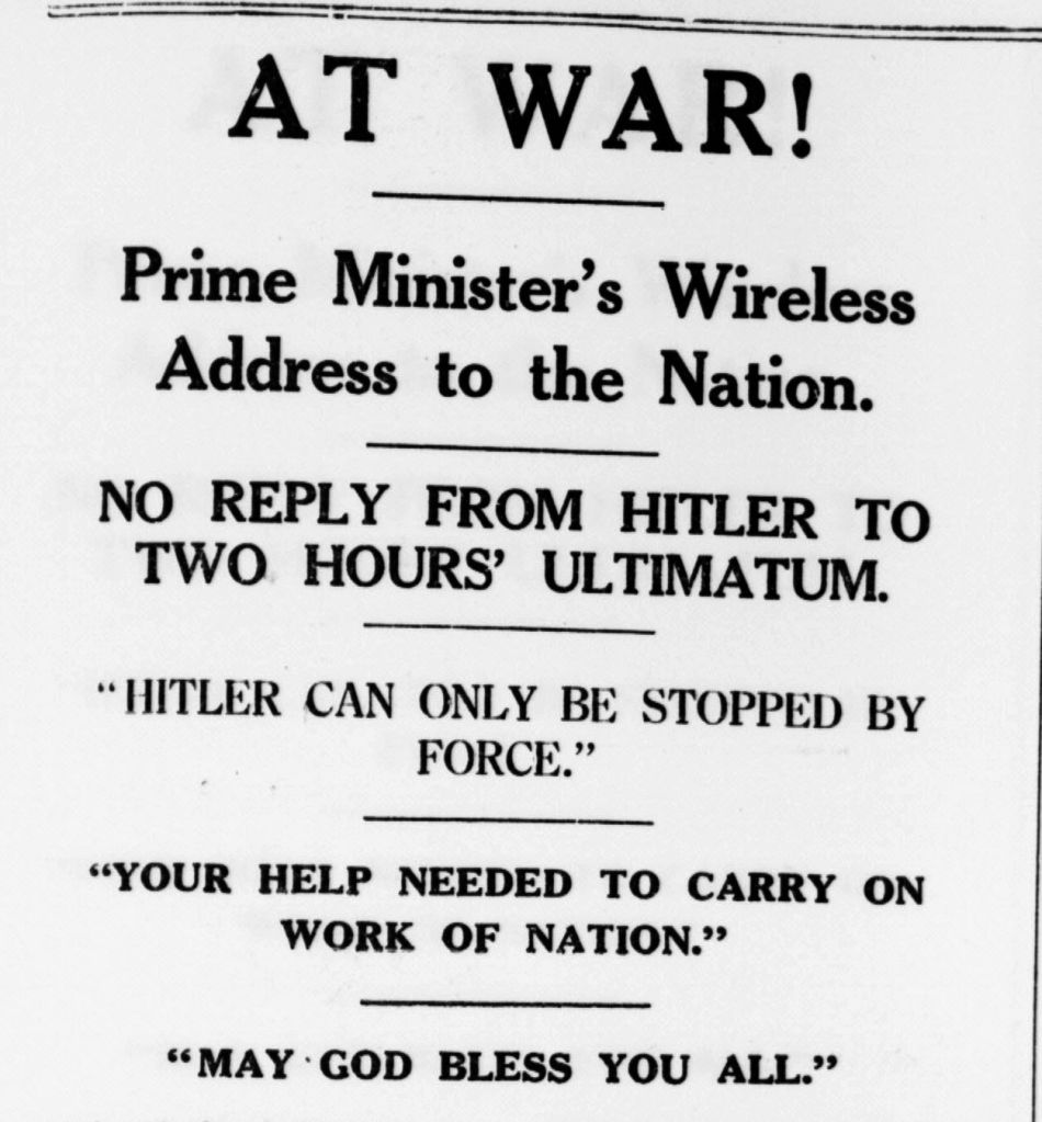 newspaper headlines stating that Britain was at war, mentioning the Prime Minister's address on the wireless.