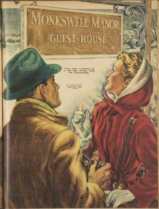 colour illustration of man and woman in winter coats looking at a sign that reads 'Monkswell Manor Guest House'