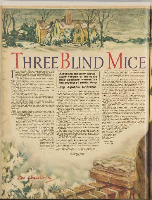 page from The Australian Women's Weekly with title The Blind Mice and a snowy manor house followed by the opening paragraphs of the story.
