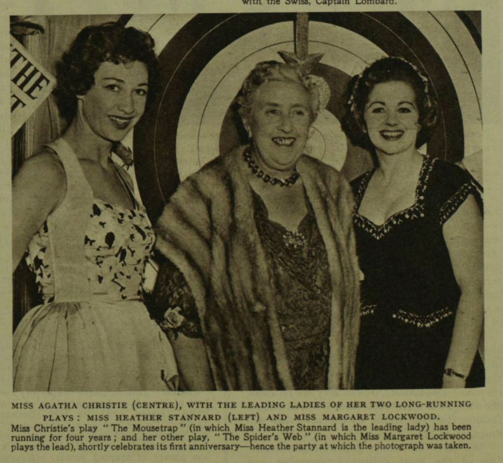 picture of Agatha dressed up nicely and smiling as she poses between two actresses.