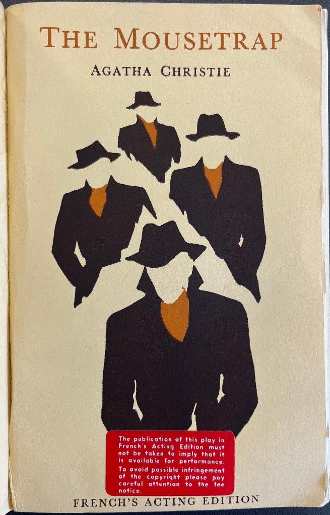 cover of acting edition of The Mousetrap, 1954, featuring silhouettes of four men in trench coats, hats and scarves.