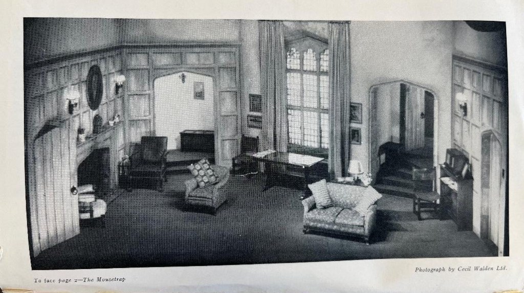 black and white photograph of the stage setting of Monkswell Manor.