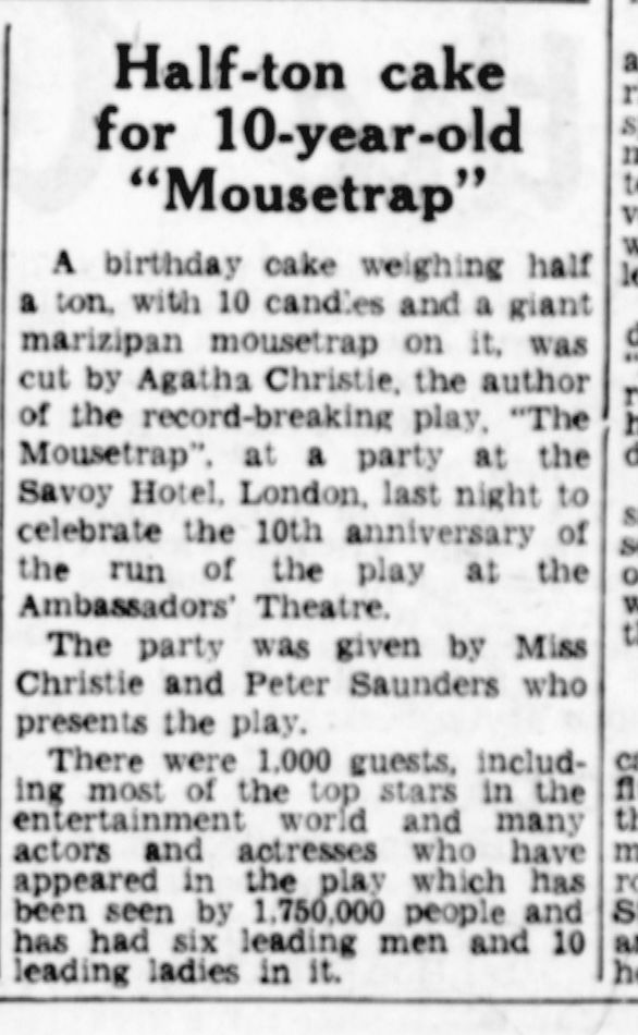 newspaper headline reading 'Half-ton cake for 10-year-old Mousetrap'