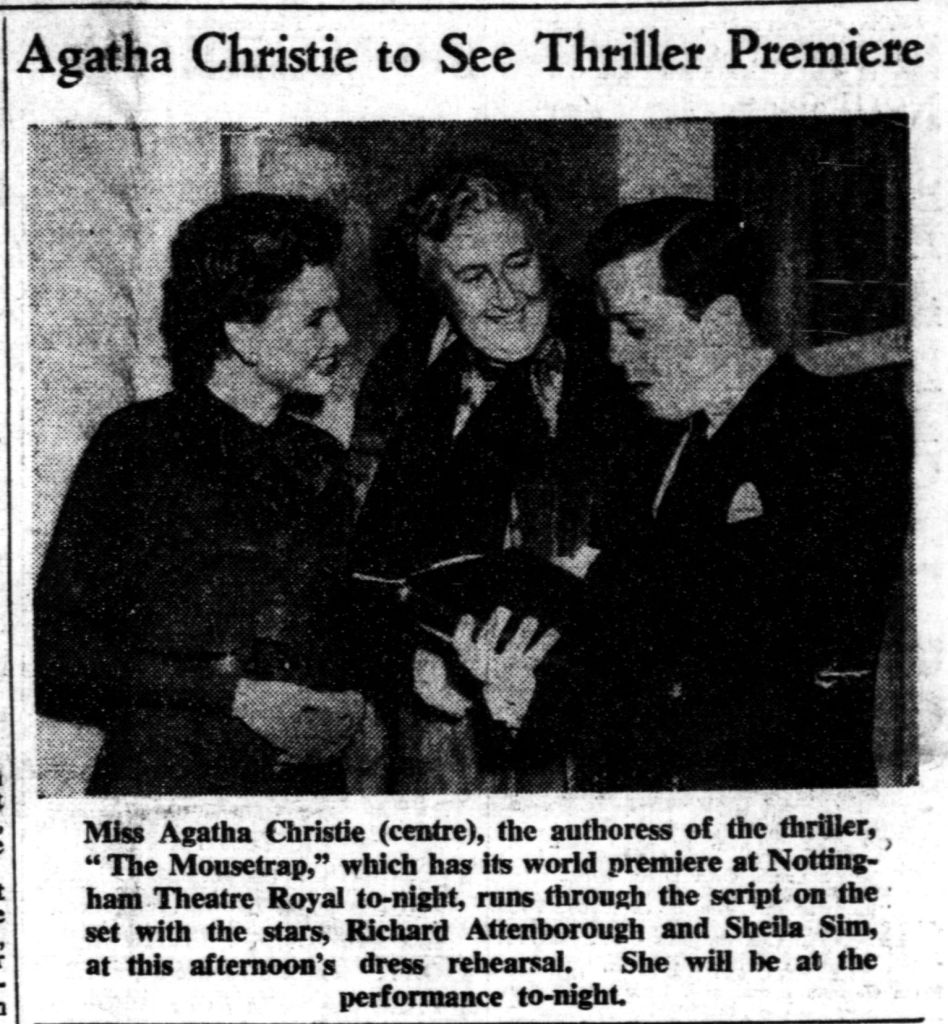 newspaper picture 'Agatha Christie to see thriller premiere' with Agatha standing between Sheila Sim and Richard Attenborough.