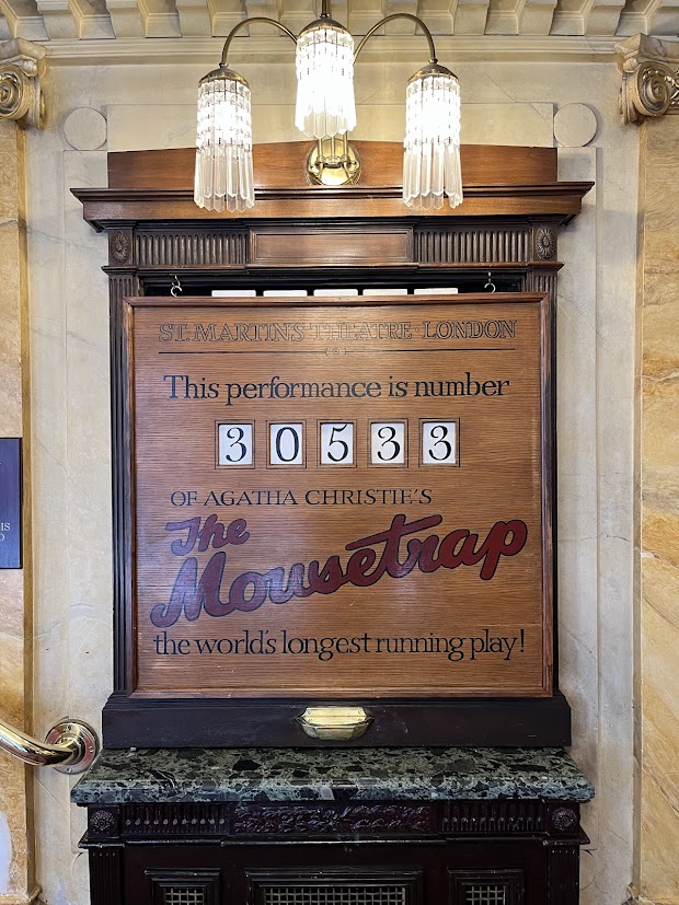 the wooden counter showing how many performances there has been of The Mousetrap