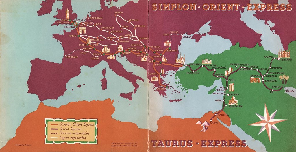 colourful map showing Europe with route of Orient Express shown.